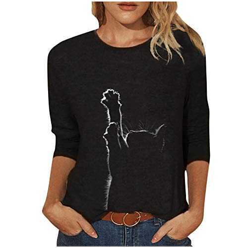 VEMOW Herbst Winter Langarm Oberteile, Damen Langarmshirt mit Katzenmotiv Pullover Tierdruck Drucken Oberteile T-Shirt Katze Gedruckte Casual Sweatshirt Tops Loose Rundhals Bluse Pulli von VEMOW Damen