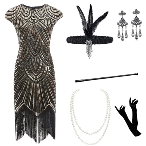 20er Jahre Kostüm Damen, Faschingskostüme Damen mit 20er Jahre Kleid Accessoires, Karneval Kostüm Damen Abendkleider Retro Cocktail, Flapper Kleid 20er Jahre Mit Pailletten, Charleston Kleid, Gatsby von VEMOW