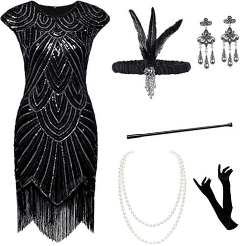 20er Jahre Kostüm Damen, Faschingskostüme Damen mit 20er Jahre Kleid Accessoires, Karneval Kostüm Damen Abendkleider Retro Cocktail, Flapper Kleid 20er Jahre Mit Pailletten, Charleston Kleid, Gatsby von VEMOW