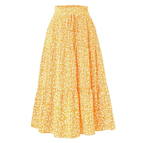 Basic Röcke für Damen Skater Plissee Midi Rock Hohe Taille Ausgestellte A-Linie Bunte Drucken mit Blumenmuster (Yellow, S) von VEMOW