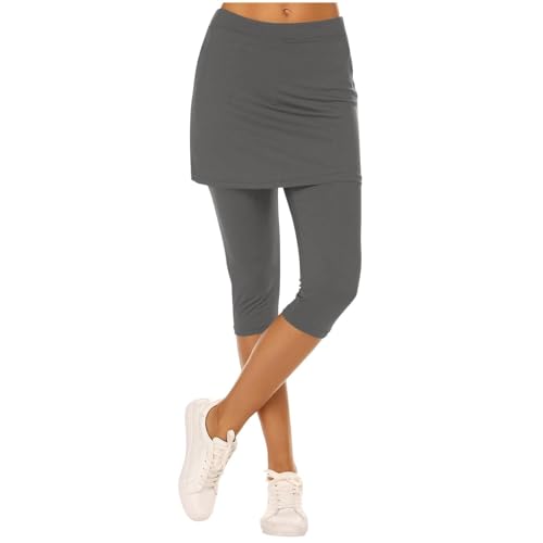 Damen Capri Leggings High Waist Stretch Hose mit Rock Bauchweg Blickdicht Sporthose für Yoga und Freizeit (Grey, M) von VEMOW