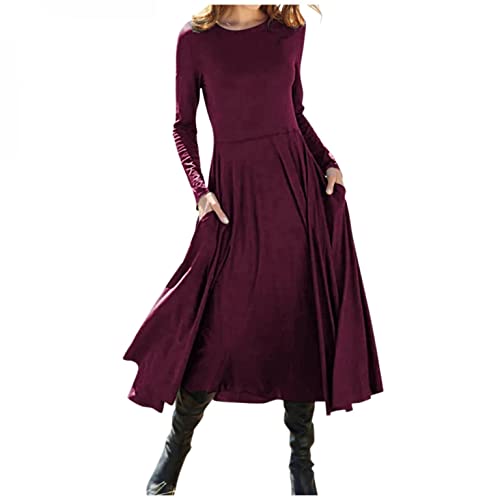 Damen Herbst Winter Langarm Freizeitkleid Blumendruck Maxikleid Lässig locker Große Größe Plissee Kleider Knielang Swing Kleid Freizeit Bohemian Maxi Kleid mit Taschen Taschen von VEMOW