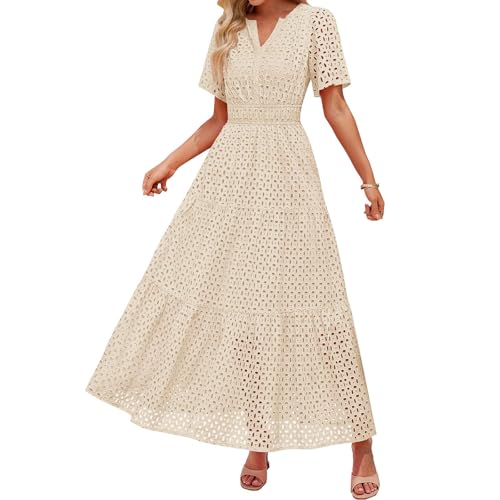 Damen Sommer Kurzarm Maxi Kleid Lässiges V-Ausschnitt Kleid mit Lochstickerei Rüschen Schwingendem A-Linien-Schnitt und Eleganter Knöchellänge (Beige, M) von VEMOW