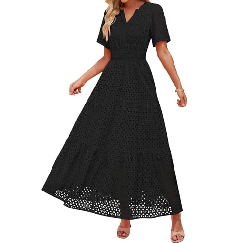 Damen Sommer Kurzarm Maxi Kleid Lässiges V-Ausschnitt Kleid mit Lochstickerei Rüschen Schwingendem A-Linien-Schnitt und Eleganter Knöchellänge (Black, S) von VEMOW