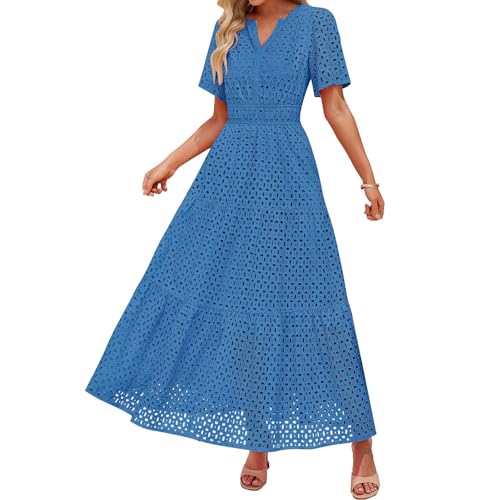 Damen Sommer Kurzarm Maxi Kleid Lässiges V-Ausschnitt Kleid mit Lochstickerei Rüschen Schwingendem A-Linien-Schnitt und Eleganter Knöchellänge (Dark Blue, M) von VEMOW