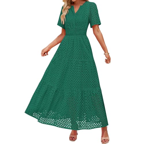 Damen Sommer Kurzarm Maxi Kleid Lässiges V-Ausschnitt Kleid mit Lochstickerei Rüschen Schwingendem A-Linien-Schnitt und Eleganter Knöchellänge (Green, XL) von VEMOW