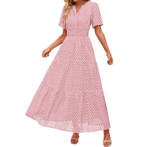 Damen Sommer Kurzarm Maxi Kleid Lässiges V-Ausschnitt Kleid mit Lochstickerei Rüschen Schwingendem A-Linien-Schnitt und Eleganter Knöchellänge (Hot Pink, M) von VEMOW