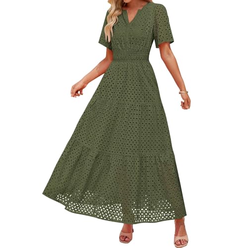 Damen Sommer Kurzarm Maxi Kleid Lässiges V-Ausschnitt Kleid mit Lochstickerei Rüschen Schwingendem A-Linien-Schnitt und Eleganter Knöchellänge (JN, XL) von VEMOW