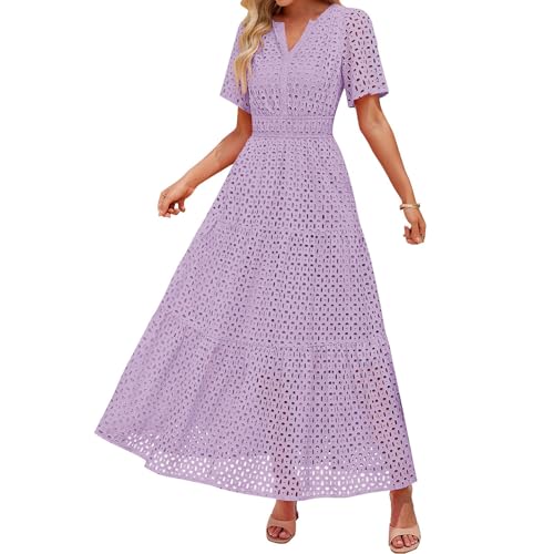 Damen Sommer Kurzarm Maxi Kleid Lässiges V-Ausschnitt Kleid mit Lochstickerei Rüschen Schwingendem A-Linien-Schnitt und Eleganter Knöchellänge (Purple, L) von VEMOW