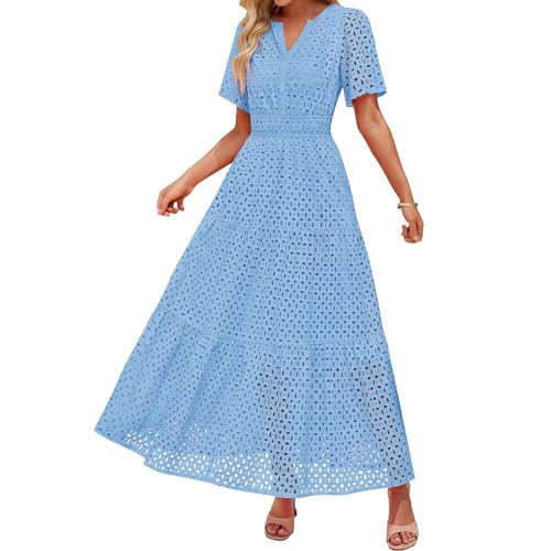Damen Sommer Kurzarm Maxi Kleid Lässiges V-Ausschnitt Kleid mit Lochstickerei Rüschen Schwingendem A-Linien-Schnitt und Eleganter Knöchellänge (Sky Blue, M) von VEMOW