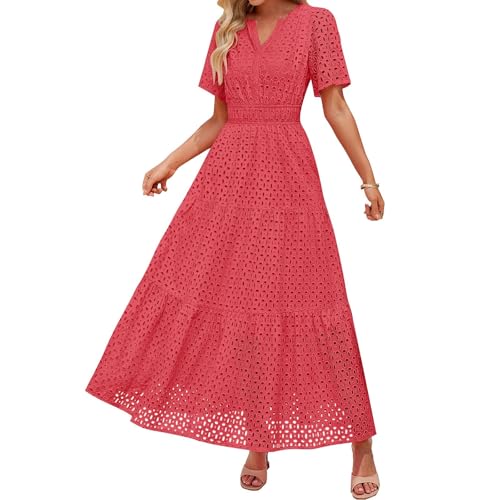 Damen Sommer Kurzarm Maxi Kleid Lässiges V-Ausschnitt Kleid mit Lochstickerei Rüschen Schwingendem A-Linien-Schnitt und Eleganter Knöchellänge (Watermelon Red, L) von VEMOW