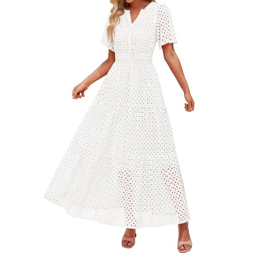 Damen Sommer Kurzarm Maxi Kleid Lässiges V-Ausschnitt Kleid mit Lochstickerei Rüschen Schwingendem A-Linien-Schnitt und Eleganter Knöchellänge (White, M) von VEMOW