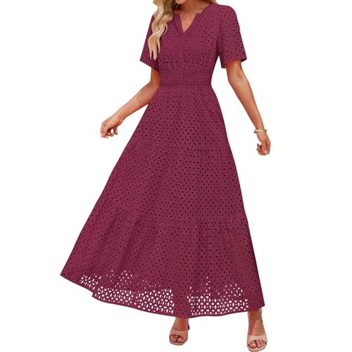 Damen Sommer Kurzarm Maxi Kleid Lässiges V-Ausschnitt Kleid mit Lochstickerei Rüschen Schwingendem A-Linien-Schnitt und Eleganter Knöchellänge (Wine, L) von VEMOW