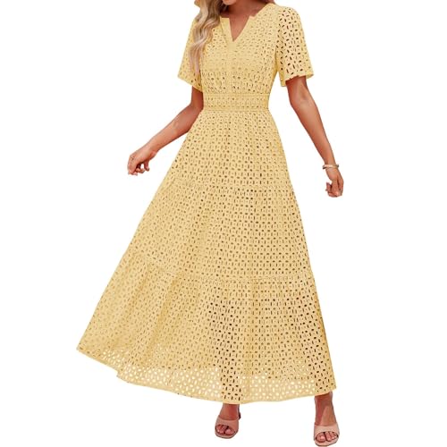 Damen Sommer Kurzarm Maxi Kleid Lässiges V-Ausschnitt Kleid mit Lochstickerei Rüschen Schwingendem A-Linien-Schnitt und Eleganter Knöchellänge (Yellow, M) von VEMOW