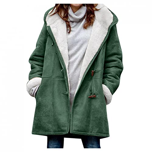 Fleecejacke Damen Winterjacken Winter Plüsch Verdicken Futter Lang mit Kapuze Plüschjacke Große Größen Plüschmantel Warm Teddy-Fleece Übergangsjacke Winter Sweatjacke Knöpfen Cardigan Fleece Mantel von VEMOW