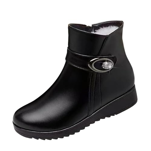 VEMOW Anti Warm Damenstiefel Weiches Winter Mom Boots 2025 Weiche Sohle Flache Mittlere Ferse Mittlere Lederschuhe Stiefeletten Damen Weite H (Black, 35) von VEMOW
