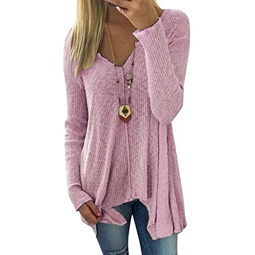 VEMOW Blusen Damen Tunika Beiläufig Lose Langarmshirt Elegante Einfarbig Hemdbluse Locker Unregelmäßiger Saum Lange Oberteile Sexy V-Ausschnitt Sommerbluse Basic T-Shirt Tops ​Lose Longshirt Oversize von VEMOW