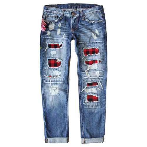 VEMOW Damen Jeans High Waist Destroyed Elastisches Band Jeanshose Beiläufig Lose Gerade Jeans Hosen Stretch Denim Jeans Slim Fit Bootcut Jeans Rissen Löcher Freizeithose (X2-Blue, XXXL) von VEMOW