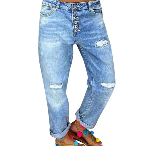 VEMOW Damen Jeans High Waist Destroyed Elastisches Band Jeanshose Beiläufig Lose Gerade Jeans Hosen Stretch Denim Jeans Slim Fit Bootcut Jeans Rissen Löcher Freizeithose Jeanshosen (X1-Blue, XL) von VEMOW