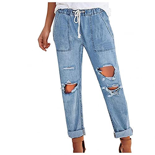 VEMOW Damen Jeans High Waist Destroyed Elastisches Band Jeanshose Beiläufig Lose Gerade Jeans Hosen Stretch Denim Jeans Slim Fit Bootcut Jeans Rissen Löcher Freizeithose Jeanshosen von VEMOW