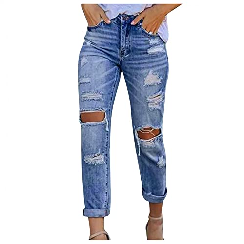 VEMOW Damen Jeans High Waist Destroyed Elastisches Band Jeanshose Beiläufig Lose Gerade Jeans Hosen Stretch Denim Jeans Slim Fit Bootcut Jeans Rissen Löcher Freizeithose Jeanshosen von VEMOW