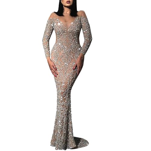 VEMOW Damen Paillettenkleid Lang Pailletten Maxikleid V-Ausschnitt Figurbetontes Kleid Ballkleid Glitzer Kleid Damen Elegant Cocktail Abendkleider Partykleid von VEMOW