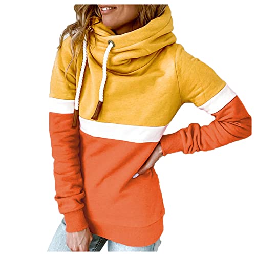 VEMOW Damen Rollkragen Sweatshirt Farbblock Hoodie Pullover Langarm Kordelzug Kapuzenpullover Lässige Lose Kapuzenpulli Herbst Winter Langarm Colorblock Rollkragenpulli von VEMOW