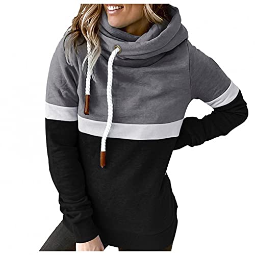 VEMOW Damen Rollkragen Sweatshirt Farbblock Hoodie Pullover Langarm Kordelzug Kapuzenpullover Lässige Lose Kapuzenpulli Herbst Winter Langarm Colorblock Rollkragenpulli von VEMOW