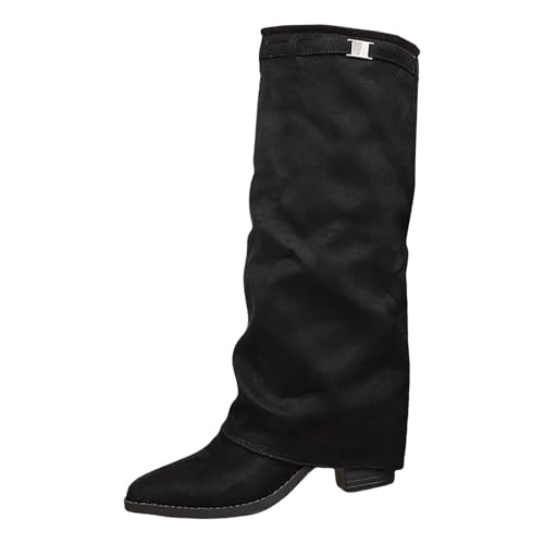 VEMOW Damen Stiefeletten mit spitzer Zehenpartie, plissiertem Blockabsatz, lässiger High Heel, wadenlang Herren Schwarz Mit Reißverschluss (Black, 39) von VEMOW