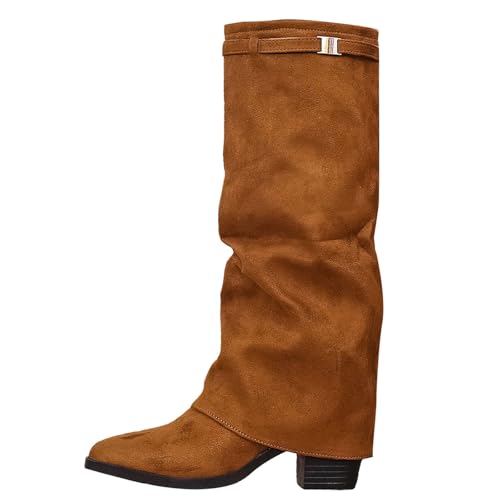 VEMOW Damen Stiefeletten mit spitzer Zehenpartie, plissiertem Blockabsatz, lässiger High Heel, wadenlang Herren Schwarz Mit Reißverschluss (Brown, 40) von VEMOW