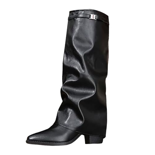 VEMOW Damen-Stiefeletten spitzem mit faltigem, dickem Absatz, lässiger High Heel, mittelhohe Stiefel Canvas Schuhe Damen (Black, 41) von VEMOW