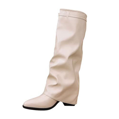 VEMOW Damen-Stiefeletten spitzem mit faltigem, dickem Absatz, lässiger High Heel, mittelhohe Stiefel Canvas Schuhe Damen (White, 42) von VEMOW