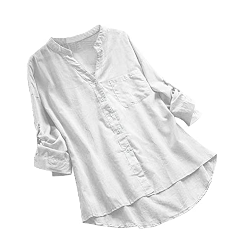 VEMOW Damen Übergröße Leinenbluse, Leinen Longshirt Lose Oberteile Freizeit Oversize Lang Tops, Leinenoberteile Frühling Herbst Lange Hemdbluse Basic Longshirt Täglich Beiläufig Langarmshirt von VEMOW