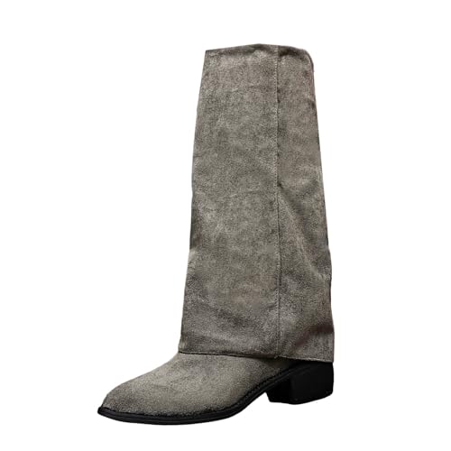 VEMOW Damen- und Winterstiefel mit klobigem Absatz und mittlerer Wade, lässig, bequem, spitzer Zehenbereich, mittlere Wadenhöhe Schuhe 28 Mädchen (Grey, 40) von VEMOW