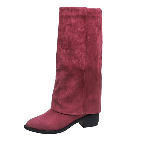 VEMOW Damen- und Winterstiefel mit klobigem Absatz und mittlerer Wade, lässig, bequem, spitzer Zehenbereich, mittlere Wadenhöhe Schuhe 28 Mädchen (Red, 41) von VEMOW