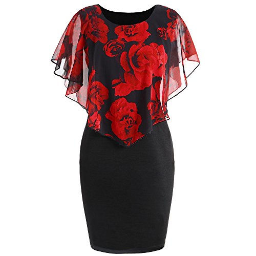 VEMOW Elegant Damen Schlauchrock Casual Plus Size Rose Print Schmetterlingshülse Chiffon O-Neck Rüschen Minikleid (Rot, 54 DE / 5XL CN) von VEMOW