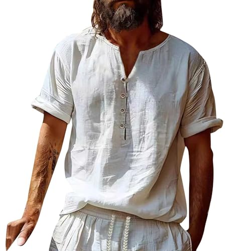 VEMOW Herren Leinenhemden Lässiges Baumwoll-T-Shirt mit 3/4-Ärmeln Normale Passform Leichtes Strand-Yoga-Top Armbanduhr Digital Herren (White, M) von VEMOW