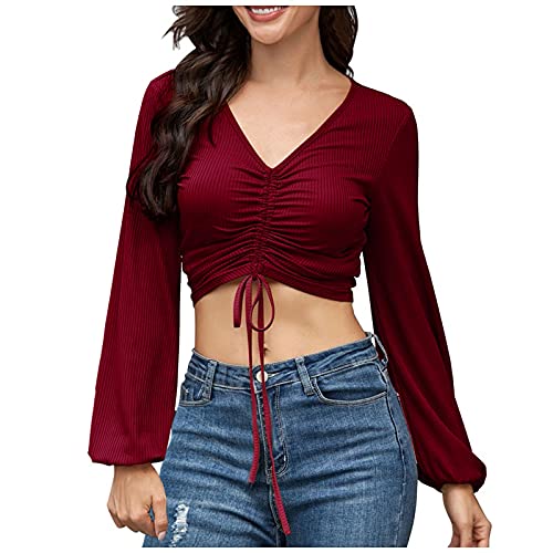 VEMOW Langarmshirt Sexy Damenmode Einfarbig Langarm V-Ausschnitt Kordelzug T-Shirt Top, Damen Strick Crop Top Shirts Bauchfrei T-Shirt Oberteile Teenager Mädchen Kurzarm Sommer Oberteile von VEMOW