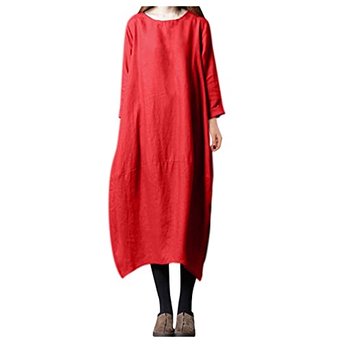 VEMOW Leinenkleid Damen Lang Lose Kleid Beiläufige Langarm Baumwolle Leinen Boho Maxikleider Sommer Elegant Baggy Rundhals Maxi Lang Kleider Casual Lose Sommerkleid mit Taschen Übergröße von VEMOW