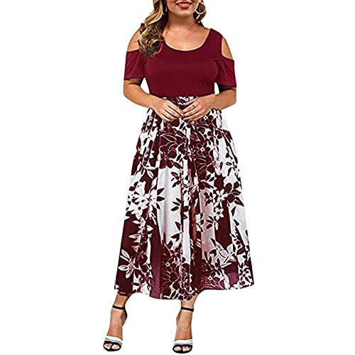 VEMOW Plus Size Elegante Damen Frauen Casual Kurzarm Kalt Schulter Boho Blumendruck Casual Täglichen Party Strand Langes Kleid Schulterfrei Strandkleid(X1-b-Türkis, 52 DE / 4XL CN) von VEMOW