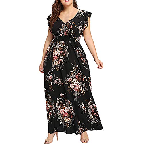 VEMOW Plus Size Elegante Damen Frauen Casual Kurzarm Kalt Schulter Boho Blumendruck Casual Täglichen Party Strand Langes Kleid Schulterfrei Strandkleid(X5-Schwarz, EU-46/CN-XL) von VEMOW