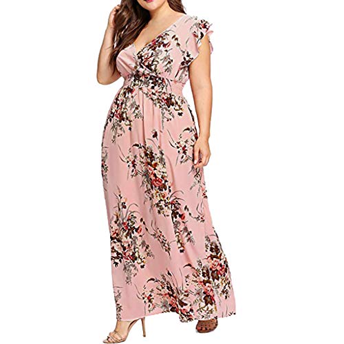 VEMOW Plus Size Elegante Damen Frauen Casual Kurzarm Kalt Schulter Boho Blumendruck Casual Täglichen Party Strand Langes Kleid Schulterfrei Strandkleid(X6-Rot, 48 DE/XXL CN) von VEMOW