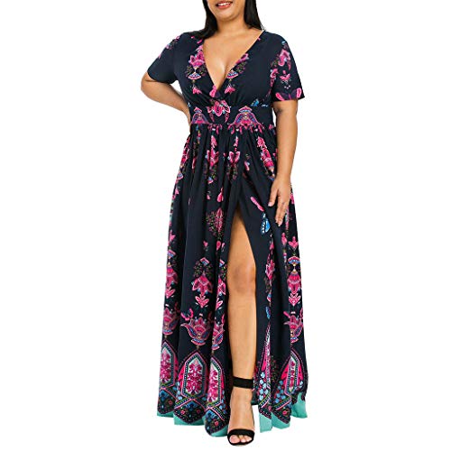VEMOW Plus Size Elegante Damen Frauen Casual Kurzarm Kalt Schulter Boho Blumendruck Casual Täglichen Party Strand Langes Kleid Schulterfrei Strandkleid(Y3-Violett, 50 DE / 3XL CN) von VEMOW