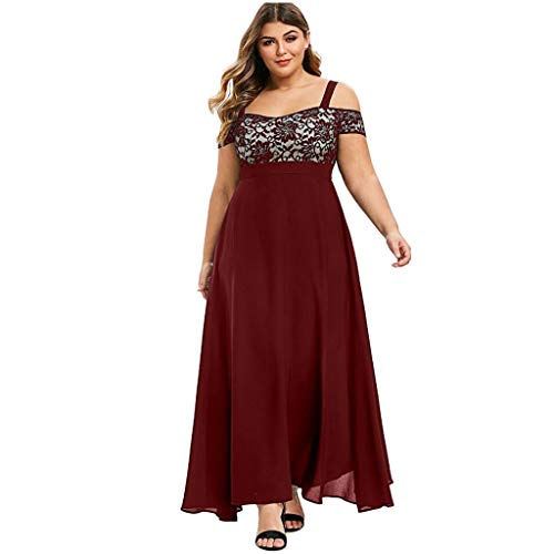 VEMOW Plus Size Elegante Damen Frauen Casual Kurzarm Kalt Schulter Boho Blumendruck Casual Täglichen Party Strand Langes Kleid Schulterfrei Strandkleid(Z1-Rosa, 48 DE/XXL CN) von VEMOW