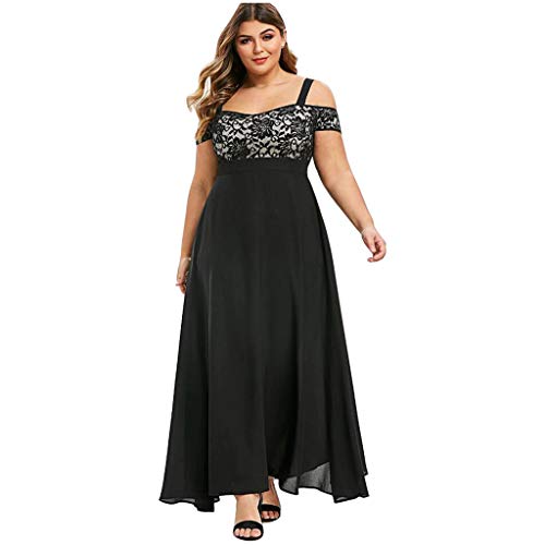 VEMOW Plus Size Elegante Damen Frauen Casual Kurzarm Kalt Schulter Boho Blumendruck Casual Täglichen Party Strand Langes Kleid Schulterfrei Strandkleid(Z1-Schwarz, 48 DE/XXL CN) von VEMOW