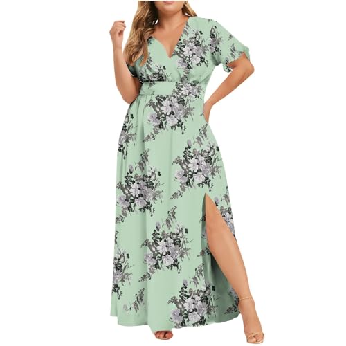 VEMOW Plus Size Elegante Damen Frauen Casual Kurzarm Kalt Schulter Boho Blumendruck Casual Täglichen Party Strand Langes Kleid Schulterfrei Strandkleid (A1-Mint Green, 46) von VEMOW