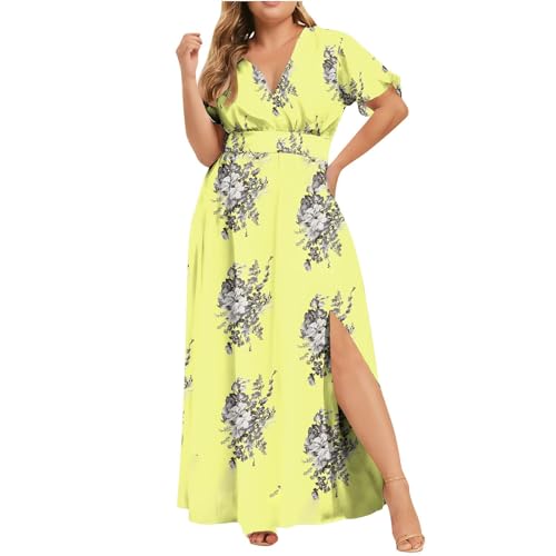 VEMOW Plus Size Elegante Damen Frauen Casual Kurzarm Kalt Schulter Boho Blumendruck Casual Täglichen Party Strand Langes Kleid Schulterfrei Strandkleid (A1-Yellow, 54) von VEMOW