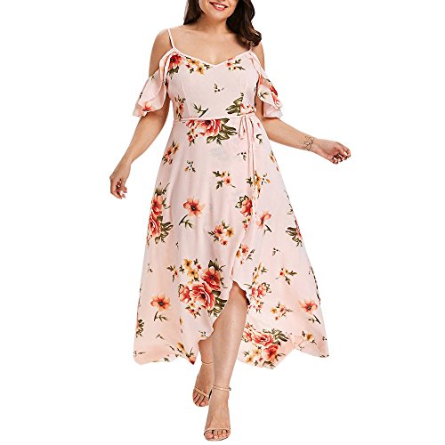 VEMOW Plus Size Elegante Damen Frauen Casual Kurzarm Kalt Schulter Boho Blumendruck Casual Täglichen Party Strand Langes Kleid Schulterfrei Strandkleid (Rosa, 54 DE / 5XL CN) von VEMOW