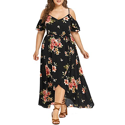 VEMOW Plus Size Elegante Damen Frauen Casual Kurzarm Kalt Schulter Boho Blumendruck Casual Täglichen Party Strand Langes Kleid Schulterfrei Strandkleid (Schwarz, 48 DE/XXL CN) von VEMOW