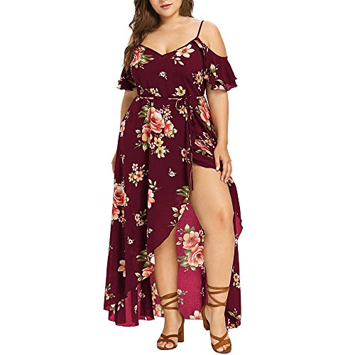 VEMOW Plus Size Elegante Damen Frauen Casual Kurzarm Kalt Schulter Boho Blumendruck Casual Täglichen Party Strand Langes Kleid Schulterfrei Strandkleid (Weinrot, 48 DE/XXL CN) von VEMOW